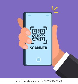 the scanner on the phone scans the square. flat vector illustration