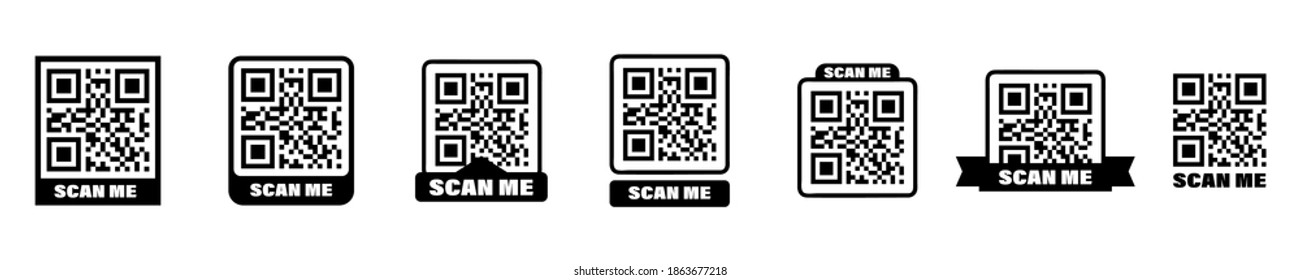 Scanner qr codes. Scan me icon set. Scan me template set with QR codes. Qrcode icon for mobile app. Mobile device concept. Scan me phone tag. Qr code payment concept. Vectr graphic. EPS 10