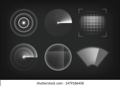 Scanner, radar, sonar or detector icons an abstract symbol of search or monitoring, a set of isolated monochrome semi-transparent vector design elements