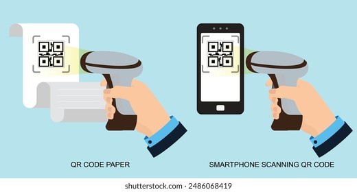 Scanner recognizing and reading QR code on smartphone screen, qr code paper, QR code payments concept, technology scan information business price communication barcode digital , Vector illustration.
