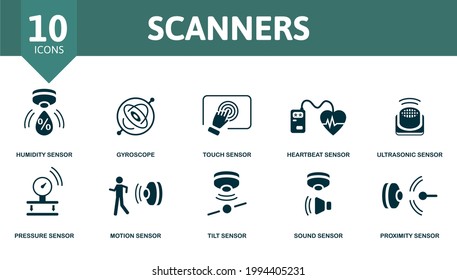 Conjunto de iconos de escáneres. Contiene iconos editables como el tema del sensor de humedad, el sensor táctil, el sensor ultrasónico y más.