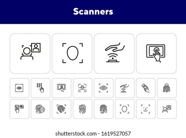 Scanners line icon set. Fingerprint, scanner, recognition. Recognition concept. Can be used for topics like safety, protection, gadgets