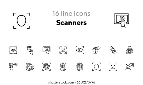 Scanners line icon set. Fingerprint, scanner, recognition. Recognition concept. Can be used for topics like safety, protection, gadgets