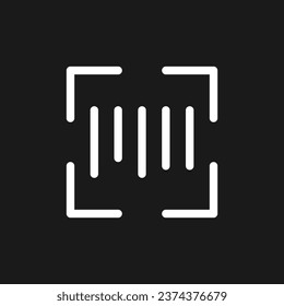 Icono de glifo ui en modo oscuro del código de barras de exploración. Gestión de inventarios. Diseño de interfaz de usuario. Símbolo de silueta blanca en el espacio negro. Pictograma sólido para web, móvil. Ilustración aislada del vector