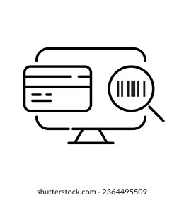 Scanning a barcode. Magnifying glass, credit card and desktop computer. Pixel perfect, editable stroke