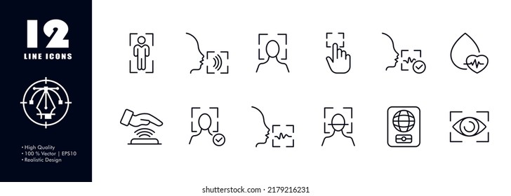 Scanning biometric data set icon. Identification, face ID, fingerprint, voice unlock, iris, eye, hand, confirmation, foreign passport, chip, scanner. Privacy concept. Vector line icon for Business.