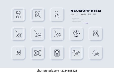 Scanning biometric data set icon. Privacy, scan, face id, pulse, fingerprint, hand, voice unlock, eye, iris, international passport. Tecnology concept. Neomorphism. Vector line icon for Business.