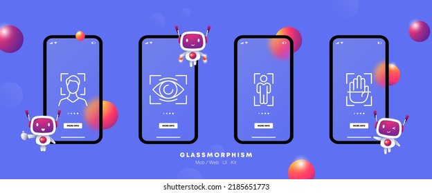 Scanning biometric data set icon. Scanner, frame, face id, eye, iris, hand, fingerprint, dna, unlock, confirmation. Privacy concept. Glassmorphism. UI phone app screens. Vector line icon for Business.