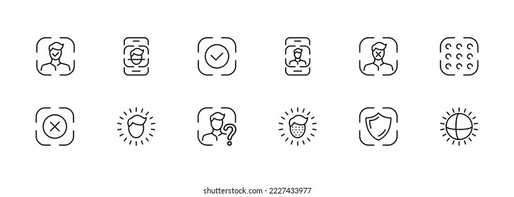 Scanning biometric data set icon. Scanner, frame, face id, eye, iris, hand, fingerprint, dna, unlock, confirmation. Privacy concept. Vector black icons on white background