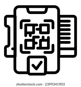 Escaneo del vector de contorno del icono de código QR de abordaje. Proyección del billete de avión en línea. Analizador de pases de verificación