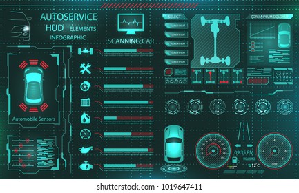 Scanning Car, Analysis and Diagnostics Vehicle, HUD UI Elements, Selection of Car Parts - Illustration Vector