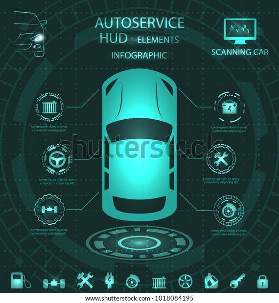 Scanning\
Car, Analysis and Diagnostics Vehicle, HUD Elements, Service\
Infographics with Icons - Illustration\
Vector