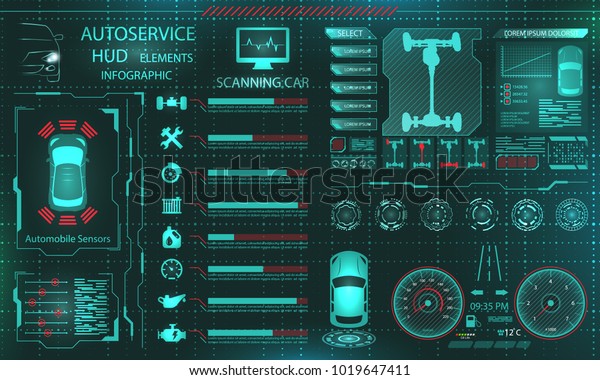 Scanning Car, Analysis
and Diagnostics Vehicle, HUD UI Elements, Selection of Car Parts -
Illustration Vector