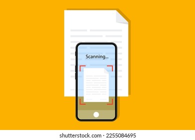 Scanning document paper file. Scan document. Scanning document isometric. Document scanner smartphone interface vector template. Vector illustration