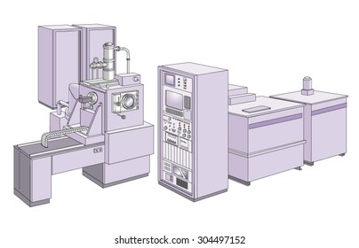 Scanning electron microscopy equipment complex vector colorful banner illustration. Modern microscope equipment for a physical laboratory for the study. Isolated illustration for web or print design.