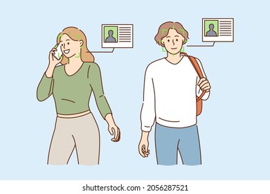 Scanning faces and identity concept. Young smiling man and woman cartoon characters standing with green scan on faces and identity cards nearby vector illustration 