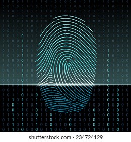 Scanning fingerprint. Protection and storage of information. Technology background. Binary code. Stock vector illustration.