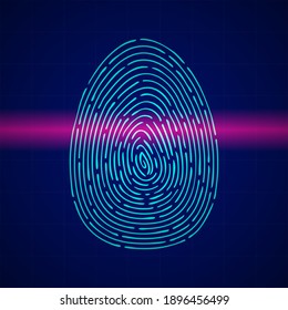 Scanning fingerprint with red laser. Biometric beam travels through skin lines of blue thumb verifying authorization and vector identification.