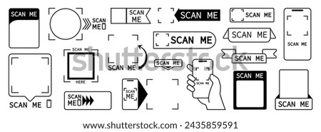 Scanning frames. Qr codes stickers and scan me inscription. Empty info banners templates, barcodes spaces or web labels, decent vector set