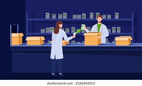 Scanning of goods in stock concept. Man and woman checking bar and QR codes. Warehouse workers. Logistics and transportation of goods, distribution. Cartoon flat vector illustration