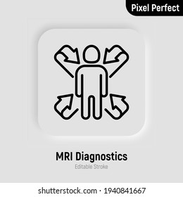 Scannen des menschlichen Körpers, MRT-Scan dünne Linie Symbol. Medizinische Ausrüstung zur onkologischen Erkennung. Pixel perfekt, bearbeitbarer Strich. Vektorgrafik.