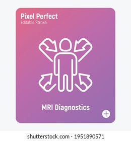 Scannen des menschlichen Körpers, MRT-Scan dünne Linie Symbol. Medizinische Ausrüstung zur onkologischen Erkennung. Pixel perfekt, bearbeitbarer Strich. Vektorgrafik.