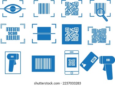 Scanning icon, barcode scan icon set blue vector