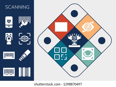 scanning icon set. 13 filled scanning icons. Simple modern icons about  - Eye scan, Barcode, Metal detector, Fingerprint scan, QR