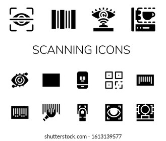 scanning icon set. 14 filled scanning icons.  Simple modern icons such as: Eye scan, Barcode, 3d printing scanner, Fingerprint scan, QR