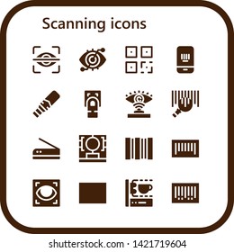 scanning icon set. 16 filled scanning icons.  Collection Of - Eye scan, QR, Barcode, Metal detector, Fingerprint scan, Scan, 3d printing scanner