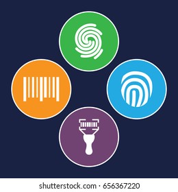 Scanning icons set. set of 4 scanning filled icons such as bar code, bar code scanner, finger print