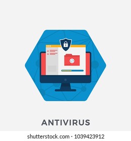 Scanning and Identifying a Computer Virus. Antivirus Protection and Computer Security Concept. Technology Digital Website. Flat Design Style. Vector Illustration