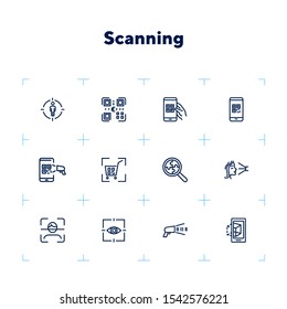 Scanning line icon set. Barcode, eye, face, QR. Technology concept. Can be used for topics like equipment, identification, recognition