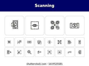 Scanning line icon set. Barcode, eye, face, QR. Technology concept. Can be used for topics like equipment, identification, recognition