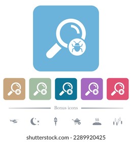 Scanning for malware white flat icons on color rounded square backgrounds. 6 bonus icons included