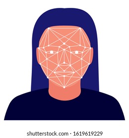 Scanning person face by points. Low polygon indication. Recognition of female face, identification, determination of personality. Vector illustration