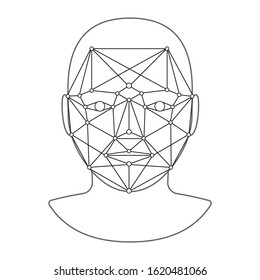 Scanning person face by points. Low polygon indication. Recognition of man face, identification, determination of personality. Vector illustration