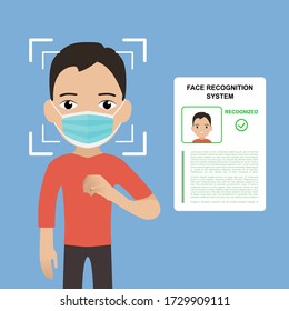 Scanning a person's face in a medical mask. Face recognition system for men. Identification through a mobile application. Biometric Detection. Vector