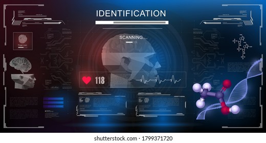 Scanning a person's face. Personal identification. Biochemical analysis of the brain. Technological biometric face recognition scanner in HUD, GUI, UI interface