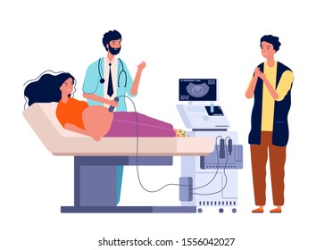 Scanning pregnant woman. Couple husband and wife doctor family consulting pregnancy diagnostic child gender sonogram vector characters