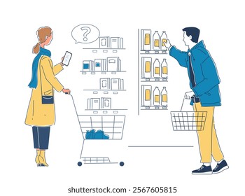 Scanning products supermarket. Man and woman with smartphone read labels at groceries. Consumers and customers with diary products in store or market. Linear vector illustration