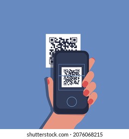 Scanning the QR code by the phone. In hand, the phone scans the qr code from the product. Flat vector illustration.