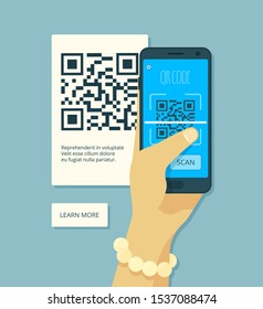 Scanning qr code. Hand holding smartphone and laser scanning coding product sticker vector concept