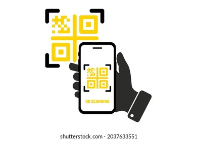 Scanning QR code with mobile smart phone. Qr code for payment, e wallet , cashless technology concept. Scan me. Pictogram for web, mobile app, promo. UI UX design element. Hand holding smartphone