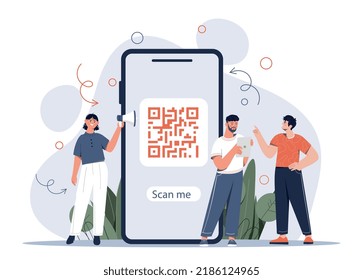 Scanning qr code. Modern technologies and promotion on Internet, convenient links. Men and girls at smartphone. Gadgets and devices, interesting content, marketing. Cartoon flat vector illustration