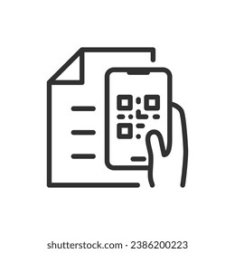 Scanning a QR code on a document with a smartphone, linear icon. Line with editable stroke