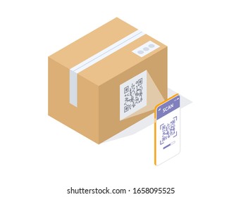 Scanning a QR code on a mail package. Modern vector isometric illustration. Include scanner and mail package with QR code.  