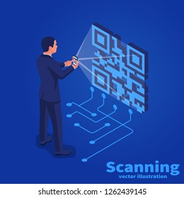 Scanning QR code on mobile phone. Vector illustration isometric design. Isolated on background. Modern digital technology. Scanning quick code.