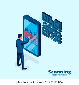 Scanning QR code on mobile phone. Vector illustration isometric design. Isolated on background. Modern digital technology. Scanning quick code.