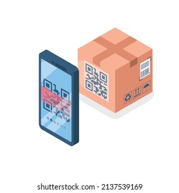Scanning QR code on mobile phone. Modern digital technology. Scanning with card quick code on smartphone. Vector illustration flat isometric design. Isolated on background.